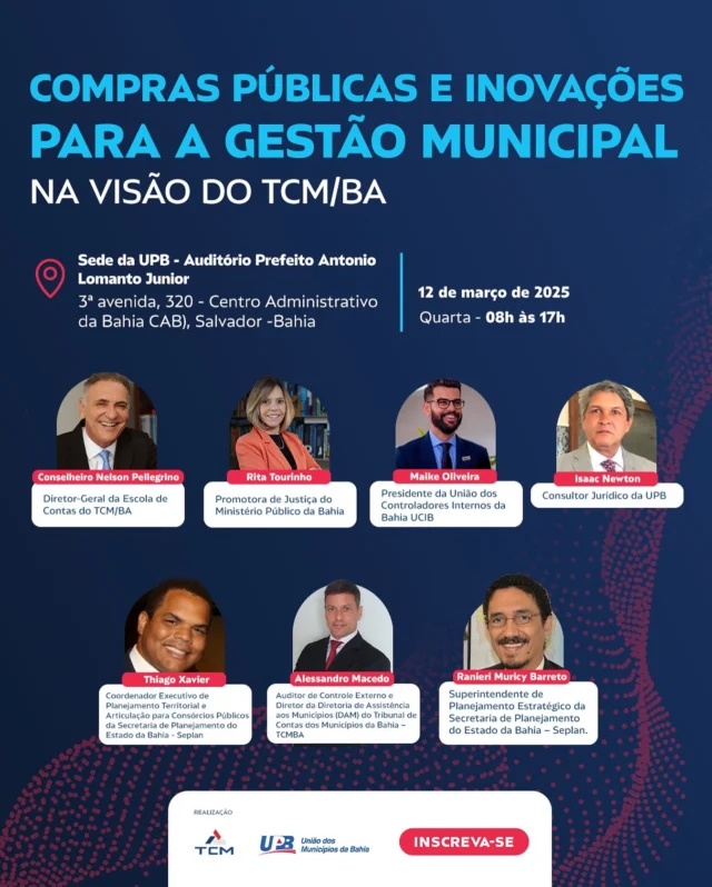 ✔️A União dos Municípios da Bahia - UPB e o Tribunal de Contas dos Municípios - TCM/BA, através da Escola de Contas, realizarão de forma conjunta uma capacitação técnica sobre Compras Públicas e Inovações para a Gestão Municipal na Visão do TCM/BA.

📆 12 de março de 2025
🕖 8h às 17h
📍 Sede da UPB - Auditório Prefeito Antonio Lomanto Junior - 3ª Avenida, 320. CAB. Salvador/BA

📚 O objetivo da capacitação é debater com os novos gestores os temas mais relevantes, de acordo com a experiência do TCM/BA e, oportunizar um treinamento prático em atividades de gestão que são obrigações legais regularmente fiscalizadas pelos órgãos de controle. 

👥 Público-alvo: Prefeitos(as), Secretários(as) Municipais, Procuradores Jurídicos, Controladores Internos, Assessores Jurídicos e Servidores do TCM/BA.

Exclusivamente para municípios associados à UPB. Vagas limitadas.

🌐 Inscreva-se até dia 10 de março de 2025 até as 17h ou até o preenchimento das vagas. Clique no link ou copie o cole no seu navegador para efetuar a sua inscrição http://simupb.no-ip.org/cert1/credencia.php?ID1=170