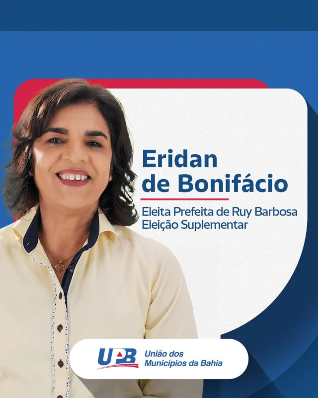 A população de Ruy Barbosa, município da Chapada Diamantina, foi as urnas neste domingo (6), em eleição suplementar para os cargos de prefeito e vice-prefeito. Com a abertura das urnas, em votação considerada tranquila pelo Tribunal Regional Eleitoral (TRE), Eridan de Bonifácio (MDB) foi eleita prefeita para o mandato (2025-2028). No cargo de vice-prefeito assume Nildo também do MDB.  O pleito suplementar acontece após decisão da corte do TRE-BA, que em 21 de outubro de 2024 indeferiu a candidatura do candidato mais votado e determinou a realização de novas eleições no município.  Com a eleição de Eridan, a Bahia passa a ter 61 mulheres no comando das prefeituras baianas.  A Diretoria da União dos Municípios da Bahia (UPB) parabeniza os eleitos e deseja um mandato de grandes realizações para o município de Ruy Barbosa, com o apoio e a parceria da entidade municipalista baiana!