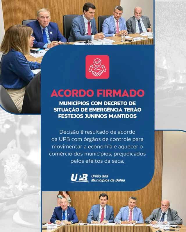 Tradição preservada, economia fortalecida! A UPB conseguiu sensibilizar os órgãos de controle para a manutenção dos festejos juninos em municípios com decreto de emergência por conta da estiagem, desde que estejam com contas equilibradas. As localidades que já sofrem com os prejuízos causados pela seca não poderiam ter mais esse impacto no comércio, na hotelaria, nos empregos gerados pela festa e na renda do mercado informal, típica desta época do ano. Em decisão de bom senso, o Ministério Público da Bahia, Tribunal de Contas do Estado (TCE) e dos Municípios (TCM) recomendam por meio de nota que os municípios adotem o critério da razoabilidade na contratação das bandas, sem gastos excessivos. Orientou também que as prefeituras que optem pela realização da festa estejam em dia com o pagamento de fornecedores, folha de pessoal e obrigações legais.

São João garantido! 🔷🔥🌽🥜
Municipalismo com união de verdade!