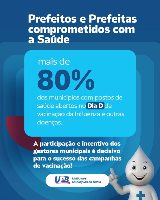 Mais de 80% dos municípios baianos terão postos de saúde abertos neste Dia D de vacinação contra a gripe e outras doenças! 💉🏥

Essa grande mobilização é fruto da parceria entre o Governo do Estado da Bahia, por meio da Secretaria da Saúde (Sesab), e as prefeituras municipais. 🤝

Neste Dia D, vamos juntos garantir mais saúde e proteção para todos!
Vacine-se e leve quem você ama! ❤️👨‍👩‍👧‍👦