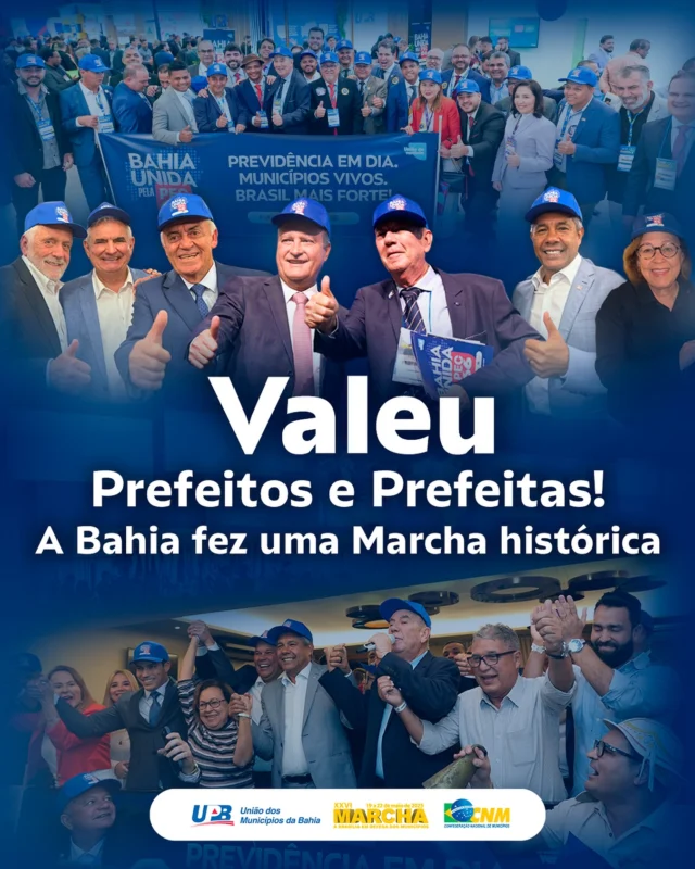Valeu, Guerreiros e Guerreiras! 👏👏👏

A UPB agradece a todos os Prefeitos e Prefeitas da Bahia, vereadores e equipes técnicas, que marcaram presença na XXVI Marcha a Brasília e mostraram a força da nossa união para alcançar importantes conquistas para o municipalismo. Juntos fizemos uma Marcha histórica, com recorde de participação e protagonismo na luta em defesa da PEC66.

Saímos fortalecidos com o apoio dado pelo Governo Federal, pelos líderes do Congresso Nacional e a Bancada Baiana à aprovação da PEC66, que muito em breve será concretizada para o equilíbrio fiscal  dos nossos Municípios.

Parabéns, Prefeitos e Prefeitas!

#UniãoDeVerdade