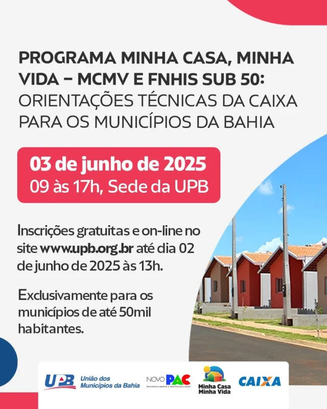 A UPB junto à Caixa fará uma orientação técnica para os municípios de até 50mil habitantes sobre o MCMC, Portaria 483/25 e kit FNHIS, bem como atendimento para os municípios que possuem cláusula suspensiva (operações contratadas 2024/2025).

🗓️ 03 de junho (terça-feira)
⏰ 09 às 17h
📍 Sede da UPB em Salvador

Público-alvo: Prefeitos(as), Engenheiros, Secretários e Gestor Municipal de Convênios – GMC. 

⚠️ Vagas limitadas.

Inscrições gratuitas e on-line até dia 02 de junho de 2025 às 13h ou até o preenchimento das vagas, exclusivamente para os municípios de até 50mil habitantes.

🔗 Acesse o site da UPB e garanta  a participação do seu município ⏩️ www.upb.org.br