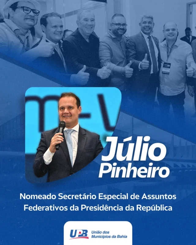 Presidente da UPB comemora Júlio Pinheiro no comando da relação federativa do Governo Lula

Ex-vice-presidente da UPB foi nomeado secretário especial de Assuntos Federativos da Presidência da República

A nomeação do ex-prefeito de Amargosa, Júlio Pinheiro (PT), para assumir a Secretaria Especial de Assuntos Federativos da Presidência da República (SEAF/PR), nesta terça-feira (24), foi recebida com entusiasmo pelo presidente da União dos Municípios da Bahia (UPB), Wilson Cardoso. A SEAF desempenha um papel estratégico no Palácio do Planalto, fortalecendo a relação entre o Governo Federal, estados e municípios. Como responsável pela pasta, Júlio Pinheiro terá a missão de estreitar o diálogo com prefeitos e governadores, promovendo a cooperação e articulando ações de apoio da União aos governos locais.

De acordo com Wilson Cardoso, a escolha do presidente Lula foi acertada, considerando o perfil de Pinheiro, que atuou como vice-presidente institucional da UPB entre 2023 e 2024. “É um grande orgulho para a Bahia. Júlio é um quadro que, além de político, é extremamente técnico. Como vice-presidente da UPB, ele conheceu de perto as demandas dos municípios e, como prefeito reeleito, colocou Amargosa em posição de referência em gestão pública para o Brasil. Então, estamos falando de alguém com a experiência e a capacidade necessárias para colaborar com o goveno no fortalecimento dessa relação federativa”, explicou o presidente da UPB.

Entre suas atribuições à frente da SEAF, Júlio Pinheiro será responsável por promover a integração dos entes federativos às políticas públicas do governo federal. Ele também deve liderar estudos e processos voltados ao aprimoramento do pacto federativo, buscando uma governança mais eficiente, harmoniosa e colaborativa entre os diferentes níveis de governo.