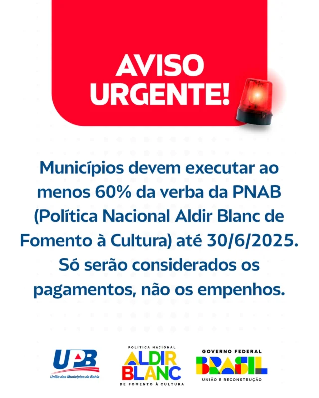 🚨Municípios têm até 30/06/2025 para executar ao menos 60% dos recursos da PNAB.

Atenção: só serão validados os pagamentos, não os empenhos.