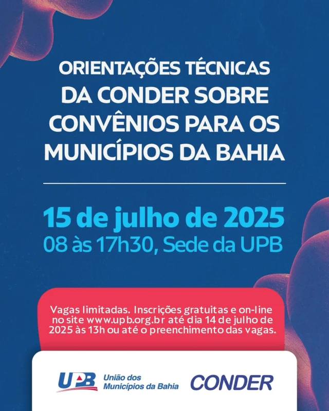 A UPB junto a CONDER realizará evento com palestras técnicas e atendimento individualizado aos prefeitos e prefeitas da Bahia com o objetivo de esclarecer dúvidas sobre projetos, prestação de contas e tomadas de contas especiais dos convênios firmados com a CONDER.

🗓 Data: 15/07
🕗 Horário: 08h às 17h30
📍 Local: Auditório UPB, Centro Administrativo da Bahia - Salvador/BA
⠀
✅ Inscrições gratuitas e on-line no site da UPB até dia 14 de julho às 13h ou até o preenchimento das vagas.

#upb #conder