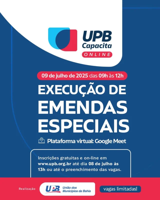 Com o objetivo de orientar gestores públicos sobre a corretautilização das emendas de Transferências Especiais, a UPB realiza, nesta quarta-feira (9), o UPB Capacita On-line:Execução de Emendas Especiais. A qualificação, que tem foco na execução eficiente e transparente,de acordo com as diretrizes do Tribunal de Contas da União (TCU) e do SupremoTribunal Federal (STF),ocorrerá das 9h às 12h, pela plataforma GoogleMeet.

O público-alvo inclui prefeitos e prefeitas, secretários, gestoresmunicipais de convênios (GMC), engenheiros, servidores do setor de licitações,controladores internos e contabilistas. O conteúdo abordará desde a elaboração até a prestação de contasdessas emendas, oferecendo ferramentas práticas para a rotina de trabalho nasgestões municipais. Veja a programação aqui.

As inscrições são gratuitas e podem ser feitas até o dia 8 de julho, às 13h, ou até opreenchimento das vagas, pelo site da UPB. Os inscritos devem ficar atentos ao email cadastrado, pois o link de acesso ao curso será enviado por esse canal.