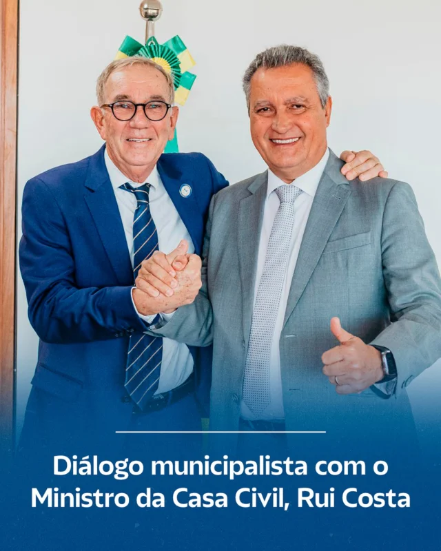 As principais demandas dos municípios da Bahia foram tema de uma reunião estratégica entre o presidente da União dos Municípios da Bahia (UPB), Wilson Cardoso, e o ministro da Casa Civil, Rui Costa, nesta semana, em Brasília.

O encontro reforçou o diálogo municipalista em torno de pautas urgentes como os desafios enfrentados na área da Educação, os impactos da seca em alguns municípios, a reestruturação física da sede da UPB e, especialmente, a defesa da aprovação da PEC 66/2023, que trata do parcelamento de precatórios e dívidas previdenciárias dos municípios.

Atento às necessidades dos gestores municipais, o ministro Rui Costa acolheu as demandas apresentadas pela entidade e se comprometeu a atuar na articulação junto ao Governo Federal para garantir apoio efetivo aos municípios baianos.
