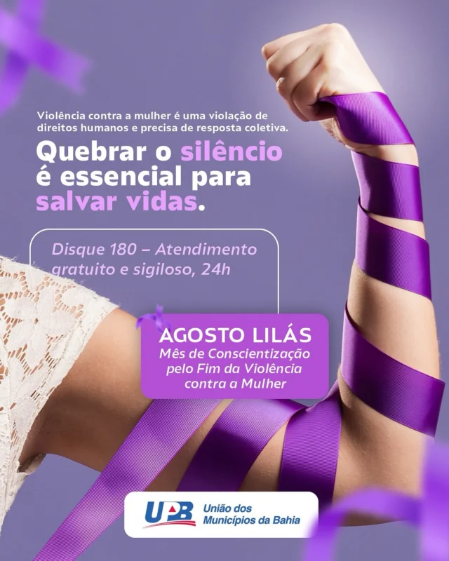 A violência contra a mulher é uma dura realidade que precisa ser enfrentada com coragem e compromisso. Ela rompe lares, destrói sonhos e fere direitos fundamentais.

Neste Agosto Lilás, convocamos toda a sociedade a se unir contra esse ciclo de violência, fortalecendo a rede de apoio, acolhimento e informação.

Denunciar é um ato de coragem e responsabilidade.
É o primeiro passo para romper o silêncio e garantir segurança, dignidade e justiça.

Seja parte da mudança!
Disque 180 e faça a diferença.