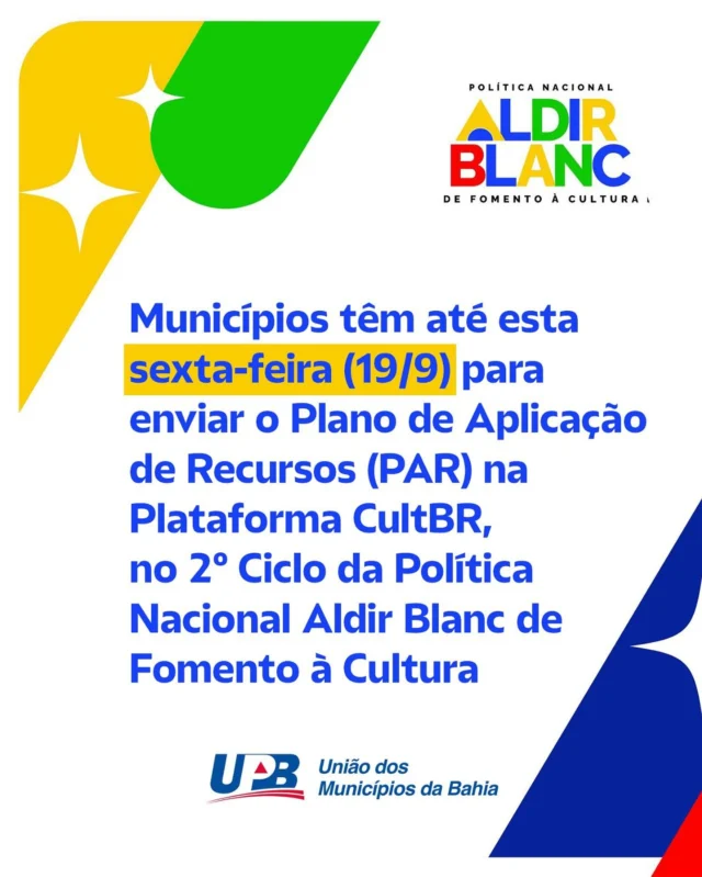 A UPB alerta que o prazo para envio do Plano de Aplicação dos Recursos (PAR) do segundo ciclo da Política Nacional Aldir Blanc se encerra nesta sexta-feira, 19 de setembro. 

Não deixe seu município de fora! O envio do PAR deve ser feito na Plataforma CultBR, mas para ter acesso a ela o gestor precisa ter perfil “Recebedor FaF Nível 1” na TransfereGov e estar com os dados cadastrais do Gov.br atualizados.

A UPB está à disposição para tirar dúvidas e ajudar a solucionar pendências. Garantir o recurso da Cultura é levar mais investimentos aos municípios!
