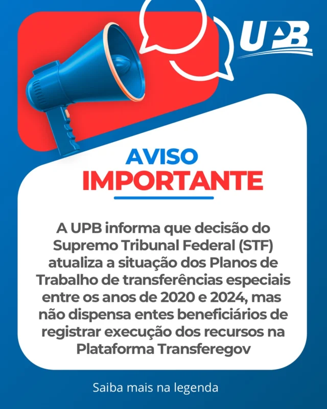 A UPB informa que, em cumprimento à decisão do Supremo Tribunal Federal - STF (ADPF nº 854), os Planos de Trabalho das transferências especiais feitas entre 2020 e 2024 foram atualizados no Transferegov.br para a situação “Legado ADPF 854 STF / NT - TCU”. 

A decisão dispensa a análise prévia dos Planos pela União, mas os entes beneficiários continuam obrigados a registrar no sistema a execução dos recursos e o plano de trabalho.

⚠️ O Relatório de Gestão, previsto na IN-TCU nº 93/2024, permanece obrigatório e deve conter:

1.	Detalhamento do objeto e da execução orçamentária/financeira;
2.	Documentação comprobatória (contratos, notas, extratos etc.);
3.	Justificativas para prorrogações, se houver;
4.	Declaração do responsável sobre o cumprimento das exigências constitucionais.

Essa prestação de contas é essencial para a transparência, rastreabilidade e conformidade legal dos repasses. O manual do Transferegov.br traz orientações sobre o preenchimento e envio.