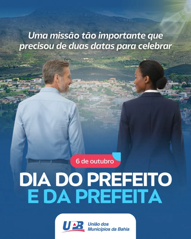 A UPB parabeniza todas as gestoras e gestores baianos que assumem a nobre missão de liderar a administração dos municípios.
Mesmo com duas datas celebradas, uma em 11 de abril, marco da criação do cargo, e outra neste 6 de outubro, o mais importante é reafirmar nosso reconhecimento e gratidão a quem dedica seu trabalho diário ao desenvolvimento dos municípios e ao bem-estar da população baiana.