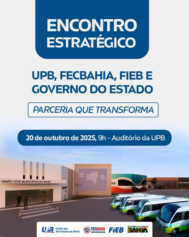 ✅ Participe do Encontro Estratégico UPB, FECBAHIA, FIEB e Governo do Estado: Parceria que transforma

🗓️ 20 de outubro de 2025
🕰️ 9h às 13h
📍 Sede da UPB em Salvador/BA

O objetivo do Encontro é apresentar o programa “Nova UPB: Governança de Verdade” e ações estratégicas da FECBAHIA, FIEB e Governo do Estado, constituindo um espaço de diálogo, integração e cooperação institucional, visando o fortalecimento dos municípios baianos.

A união de esforços institucionais que se consolida neste Encontro Estratégico: Parceria que Transforma, incluem importantes debates, palestras e apresentações voltadas à modernização da gestão pública e ao desenvolvimento local e regional, abrangendo temas atuais como inteligência artificial, Sistema BIM, educação e consórcios públicos, com a entrega de ônibus para os Consórcios de Saúde, além da assinatura de convênios para reforma, ampliação e modernização do Auditório e Sede da UPB.

Confirme sua participação via inscrição on-line no site da UPB até dia 17 de outubro de 2025 às 13h.

🌐 Inscreva-se aqui: www.upb.org.br

Conheça a programação no ato da sua inscrição.

Informações: Coordenação de Eventos e Capacitação da UPB. Tel.: 71 3115-5951/5954/5957
