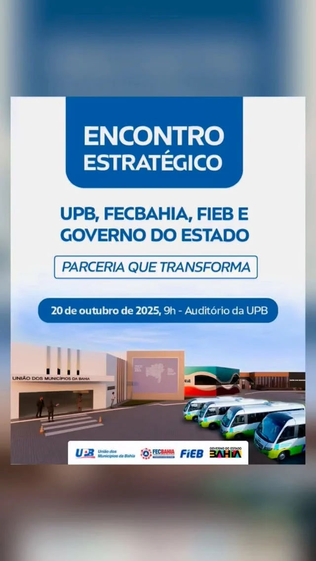 Prefeitos e Prefeitas, o nosso Presidente @wilsonpcardoso_ tem um convite especial para que todos participem do nosso Encontro Estratégico: UPB, FECBAHIA, FIEB e Governo do Estado - Parceria que Transforma, que acontece nesta segunda-feira, dia 20, a partir das 9h, na sede da UPB.

Será um dia histórico para o municipalismo baiano, com grandes anúncios e lançamentos que fortalecem ainda mais as gestões municipais.

Vamos apresentar a ampliação da sede da UPB, o Sistema BIM de Engenharia e o UPBinho, nosso novo canal de inteligência artificial, que chega para trazer mais agilidade, informação e eficiência ao trabalho dos nossos gestores.

Teremos também o lançamento da Comenda João Durval Carneiro, do Programa Cidade que Dá Certo e do Selo UPB, iniciativas que valorizam boas práticas e reconhecem o trabalho dos municípios baianos.

Além disso, será realizada a assinatura do Termo de Cessão de uso entre o Governo da Bahia e a UPB, referente ao terreno das novas áreas que serão construídas na sede da instituição; e a assinatura do Convênio entre a UPB e a CONDER, para reforma, ampliação e modernização da sede e do auditório da UPB.

Vamos ainda conhecer o EJA PRO, programa desenvolvido em parceria com a FIEB, e celebrar a entrega de novos ônibus aos Consórcios de Saúde.

E não para por aí! Teremos também a assinatura das obras selecionadas pelo Novo PAC, que incluem a construção de 4 novas Policlínicas Regionais de Saúde, além do anúncio da construção de 113 Unidades Básicas de Saúde (UBSs) e 11 Centros de Atenção Psicossocial (CAPSs) em municípios baianos.

Um evento completo, com a presença do nosso governador Jerônimo Rodrigues, dos senadores, em nome de Jaques Wagner, que destinou emenda parlamentar para essa ampliação, além de deputados estaduais, federais e, claro, vocês, que fazem o municipalismo baiano acontecer.

Será um dia de união, conquistas e parcerias que transformam os municípios da Bahia.
Contamos com todos vocês! 💪🏽🤝