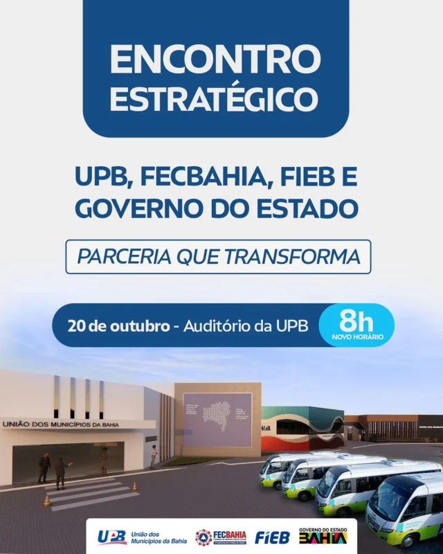 A União dos Municípios da Bahia (UPB) realiza nesta segunda-feira (20), às 8h, o Encontro Estratégico: Parceria que Transforma, em sua sede, no CAB. O evento celebra a união entre UPB, FECBAHIA, FIEB, Governo do Estado e Governo Federal, em prol do fortalecimento dos municípios e contará com a presença do governador Jerônimo Rodrigues, do ministro Rui Costa, de senadores e deputados. No encontro serão anunciadas ações do Novo PAC Seleções para Saúde, com investimentos de R$310 milhões nos municípios baianos, para construção de Policlínicas, UBSs e unidades do CAPS.

Na cerimônia, o Governador Jerônimo Rodrigues, ao lado do Presidente Wilson Cardoso, assinará o termo de cessão de uso do terreno para ampliação do auditório da UPB. Na mesma ocasião, serão entregues ônibus para o transporte de pacientes das Policlínicas de Saúde, fortalecendo a estrutura regional de deslocamento para atendimentos.

O senador Jaques Wagner anunciará a indicação de emenda parlamentar de sua autoria para financiar a obra do auditório da UPB e novas dependências, que custará no total R$5,8 milhões.

Durante a programação, o presidente da UPB, Wilson Cardoso, apresentará o Programa Nova UPB, um conjunto de ações que modernizam a instituição e ampliam o apoio aos municípios. Entre as iniciativas estão o Prêmio Cidade que Dá Certo, que reconhece boas práticas de gestão; a Comenda João Durval Carneiro, concedida a personalidades com relevantes serviços prestados aos municípios; e o Selo UPB, voltado à certificação de empresas éticas e responsáveis.

Também serão lançados o Canal UPBinho, que utiliza inteligência artificial para facilitar a comunicação com gestores; o Curso de Sistema BIM, voltado à elaboração de projetos de infraestrutura e arquitetura dentro dos padrões exigidos por órgãos estaduais e federais.

Além da apresentação da parceria com a FIEB, no EJA PRÓ desenvolvido com o Serviço Nacional de Aprendizagem Industrial (Senai). O programa busca formar mão de obra de acordo com a vocação econômica de cada município, gerando emprego e fortalecendo as economias locais.

Um dia para ficar marcado na história do Municipalismo Baiano!

Compareça! Contamos com a sua presença 🤝