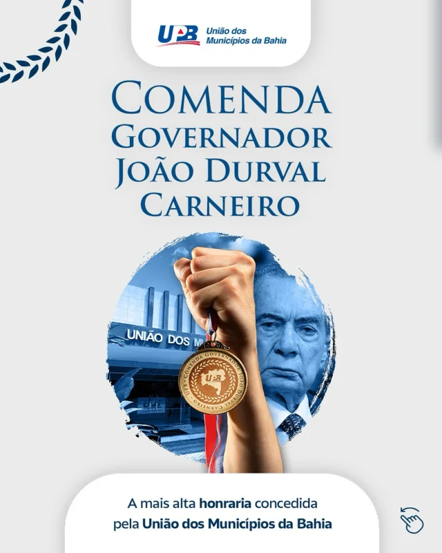 UPB cria Comenda Governador João Durval Carneiro. Mais alta honraria a ser entregue pela entidade tem como propósito reconhecer e homenagear personalidades que tenham contribuído de forma significativa para o fortalecimento do municipalismo baiano e o desenvolvimento dos municípios. 

A iniciativa do presidente @wilsonpcardoso_ destaca a trajetória do ex-governador João Durval, pautada pelo comprometimento com desenvolvimento do Estado e a autonomia dos municípios.

🏅Vem conferir!