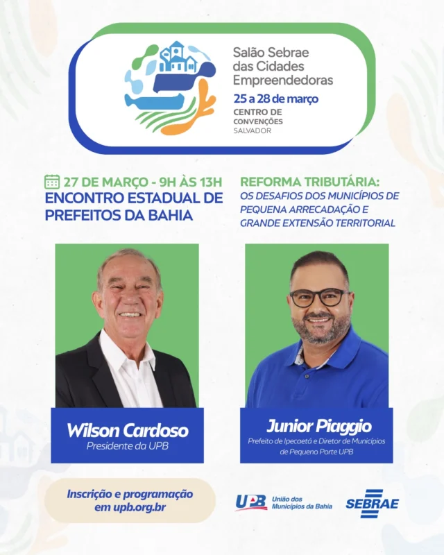 ✅ A União dos Municípios da Bahia (UPB) terá uma programação especial para os gestores durante o Salão Sebrae das Cidades Empreendedoras, promovido pelo Sebrae, que acontece de 25 a 28 de  março, no Centro de Convenções Salvador. Na agenda da entidade municipalista ocorrerá o Encontro Estadual de Prefeitos da Bahia, no dia 27 demarço, com palestras e plenárias. Já na abertura oficial do evento no dia 25 de março, das 17h às 19h, serão anunciados os vencedores do Prêmio Sebrae Prefeitura Empreendedora, com a presença de autoridades, do governador Jerônimo Rodrigues, secretários e parlamentares.

O Encontro Estadual de Prefeitos, que ocorrerá no dia 27 de março, será um espaço de diálogo e alinhamento de ações do movimento municipalista baiano, a exemplo das bandeira da UPB em defesa da Redução da Alíquota do INSS, a queda no repasse do FPM e os desafios dos Municípios de pequena arrecadação e grande extensão territorial diante da Reforma Tributária. Outro tema de grande relevância para os municípios baianos é o financiamento do turismos com linhas de crédito e incentivo aos pequenos negócios do setor.

A presença dos gestores é fundamental!

🗓️ Data: 25 a 28 de março de 2026
📍Local: Centro de Convenções Salvador
🔗 Inscrições: www.upb.org.br