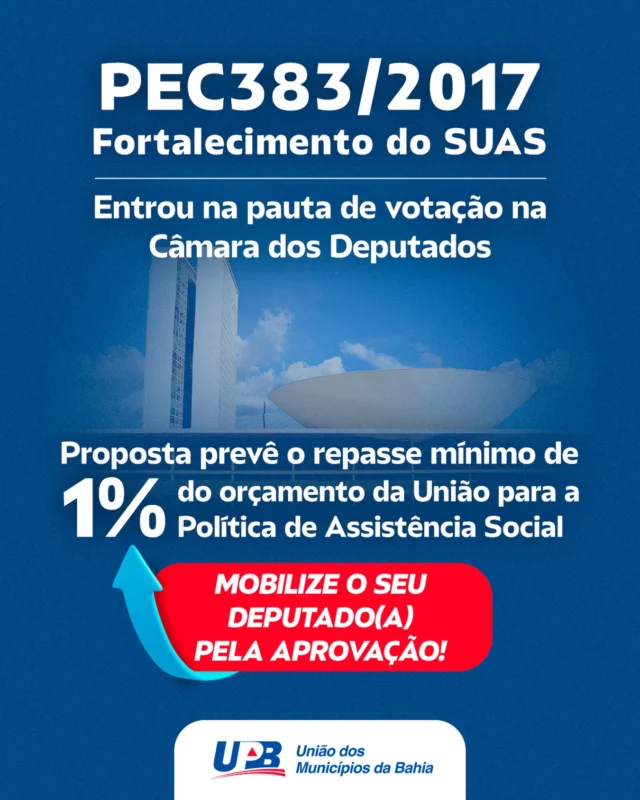⚠️ ATENÇÃO! O Plenário da Câmara dos Deputados aprecia hoje (08/04) a PEC 383/2017, que estabelece a destinação mínima de 1% da Receita Corrente Líquida da União, dos Estados e dos Municípios para o financiamento da Política de Assistência Social.

🚨 MOBILIZE SEU DEPUTADO(A) PELA APROVAÇÃO!

É orçamento garantido para o SUAS, é o fortalecimento do cuidado com quem mais precisa!