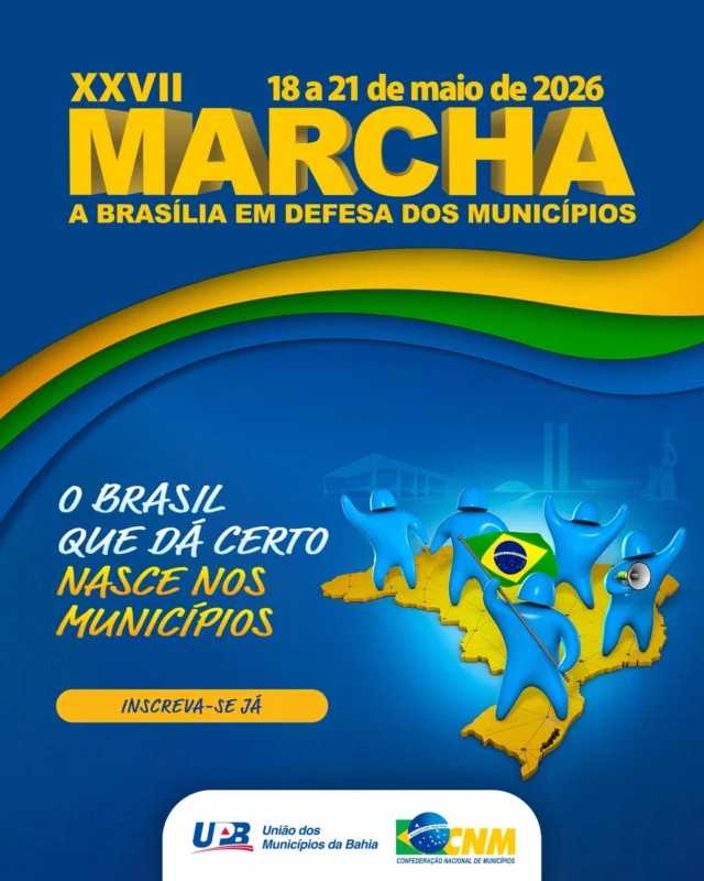 Faltam 30 dias para a XXVII Marcha a Brasília em Defesa dos Municípios. O evento, que acontecerá entre os dias 18 e 21 de maio. A União dos Municípios da Bahia (UPB) convoca prefeitas e prefeitos baianos a participarem de mais uma edição, com o objetivo de fortalecer as pautas municipalistas. O presidente da UPB, Wilson Cardoso, em parceria com o presidente da CNM, Paulo Ziulkoski, destacam a importância da participação dos gestores e a expectativa de levar uma grande comitiva neste ano.

Com o tema “O Brasil que dá certo nasce nos Municípios”, a Marcha reforça o protagonismo das administrações locais na construção de soluções concretas para o país. A programação contará com arenas técnicas, debates e painéis voltados a temas estratégicos, além de espaços de diálogo com representantes dos Três Poderes.

As inscrições seguem abertas, com valores promocionais até o dia 30 de abril. A CNM ressalta que pode suspender as inscrições em caso de lotação. Prefeitos de municípios filiados à entidade e com as contribuições em dia têm direito à inscrição gratuita. A programação completa e o acesso às inscrições estão disponíveis no site oficial da Marcha.