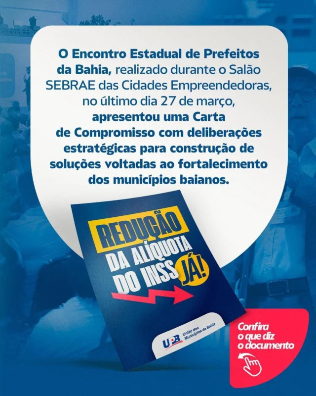 ✅ Unidos somos mais fortes

A União dos Municípios da Bahia (UPB), através de Carta Compromisso, deliberou a construção de soluções para o fortalecimento dos municípios e cobrará a deputados, senadores, Governo do Estado e Governo Federal que assumam a responsabilidade real de apoiar a pauta municipalista para avançarmos nessa agenda estratégica que garantirá a governabilidade dos municípios brasileiros! 
 

Passa pra o lado e confira 👆