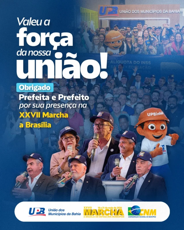 É hora de voltar para casa! Um retorno que carrega a certeza de que vale muito a pena lutar pelos nossos municípios e defender a causa municipalista. A Bahia fez bonito na Marcha a Brasília, levando a maior comitiva entre os estados e mostrando a força da união dos gestores baianos. 

Fortalecemos nossa luta pela redução da alíquota do INSS, com a nossa Bancada Federal de Deputados e Senadores, e conquistamos, junto com a CNM, a desburocratização dos convênios para municípios com pendências no CAUC. Os presidentes da Câmara e do Senado se comprometeram em barrar as pautas-bombas e o Governo Federal criou uma comissão interministerial para agilizar o atendimento às demandas dos municípios! Tudo isso é exemplo da construção do diálogo e mobilização em defesa dos municípios.

Quero agradecer, de coração, a cada Prefeito e Prefeita que esteve conosco nesses dias de muito trabalho, articulação e compromisso com o povo baiano. Cada presença fez a diferença e mostrou que, quando estamos unidos, o municipalismo se fortalece ainda mais.

Também faço um agradecimento especial à Equipe da UPB, que realizou um belíssimo trabalho durante toda a Marcha. Uma equipe comprometida, dedicada e incansável, que ajuda a manter viva e forte a luta municipalista na nosso Bahia. 

Seguiremos firmes, de mãos dadas,  até consolidarmos a aprovação da Redução da Alíquota do INSS, para dar saúde fiscal aos nossos municípios, com mais investimentos, autonomia e qualidade de vida para a nossa população. Juntos somos mais fortes. 🤝

@wilsonpcardoso_ 

UPB - União de Verdade!

#upb #municipalismo