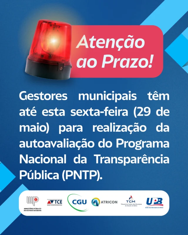Os gestores municipais têm até esta sexta-feira (29/05), para realizar a autoavaliação do Programa Nacional de Transparência Pública (PNTP), iniciativa que busca fortalecer a transparência, o controle social e a qualidade das informações públicas disponibilizadas pelos órgãos governamentais.

O procedimento é obrigatório e deve ser realizado pelos portais oficiais das prefeituras e câmaras municipais, seguindo os critérios estabelecidos pelos Tribunais de Contas. A avaliação analisa itens relacionados à transparência ativa, acesso à informação, divulgação de receitas e despesas, contratos, licitações, entre outros indicadores de gestão pública.

Saiba mais em www.upb.org.br