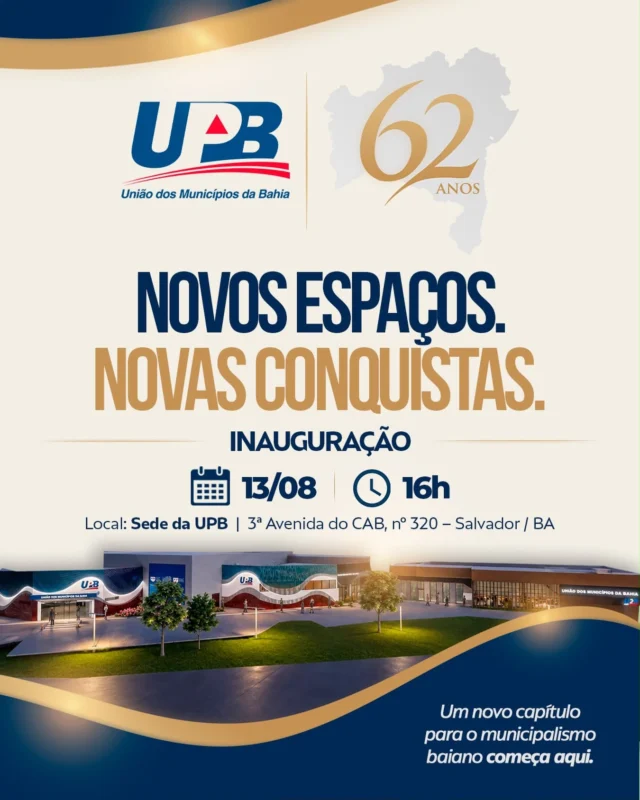 No dia 13 de agosto, a União dos Municípios da Bahia (UPB) celebra seus 62 anos de história com a inauguração do Novo Espaço Municipalista e da Reforma e Ampliação do Auditório Lomanto Júnior.

Uma conquista que simboliza a força, a união e o compromisso dos prefeitos e prefeitas da Bahia com o fortalecimento do municipalismo, consolidando a UPB como a associação estadual com a melhor estrutura do Brasil. 👏🙏🙌

A programação contará ainda com a Outorga da Comenda Governador João Durval Carneiro, em reconhecimento a personalidades que contribuíram significativamente para o desenvolvimento dos municípios baianos, além da entrega do Selo UPB.

#UPB #MunicipalismoForte