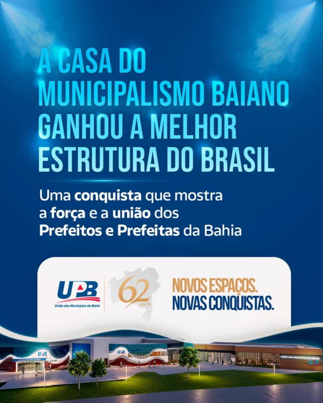 🎉 62 anos de história, união e compromisso com a Bahia!

A União dos Municípios da Bahia – UPB celebra 62 anos de existência reafirmando sua missão de fortalecer o municipalismo e defender os interesses dos municípios baianos.

E aniversário bom é aniversário com presente! 🎁

Neste momento tão especial, a nossa entidade municipalista ganha um presentão: uma nova estrutura, moderna, acolhedora e preparada para os novos desafios do municipalismo.

Um novo espaço para receber prefeitos, prefeitas, gestores e parceiros, avançar nas capacitações, ampliar o diálogo e construir, juntos, novas conquistas para os municípios da Bahia.

Parabéns, UPB! São 62 anos fazendo história e olhando para o futuro. 💙💚

#UPB62Anos #Municipalismo #NovaUPB