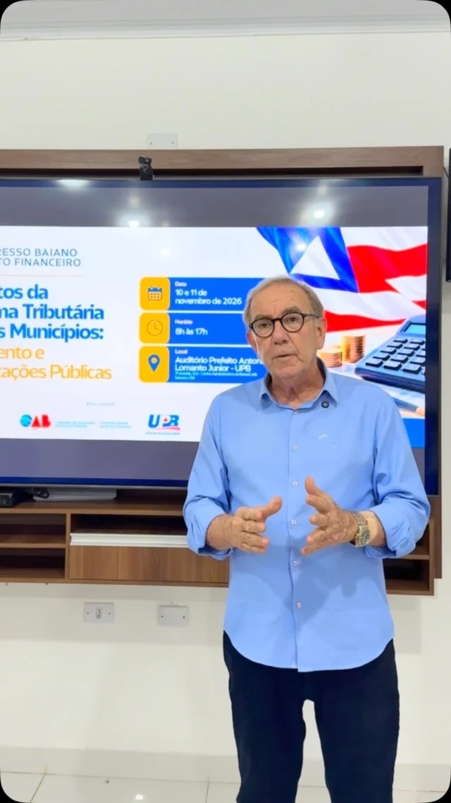 ⚠️Atenção, Municipalistas!

A Reforma Tributária já está em curso e traz mudanças que vão impactar diretamente a gestão pública municipal. 

Por esse motivo o Presidente @wilsonpcardoso_ convida os gestores e suas equipes para o 2º Congresso Baiano de Direito Financeiro, com o tema: Impactos da Reforma Tributária para os Municípios: Orçamento e Contratações Públicas, nos dias 10 e 11 de novembro, com a realização da UPB e OAB Bahia, em parceria com o Tribunal de Contas do Estado (TCE) e Tribunal de Contas dos Municípios (TCM).

Um evento fundamental para preparar os municípios para esse novo cenário, capacitando prefeitos, prefeitas, secretários e técnicos que atuam na gestão pública municipal.

Mais do que compreender as mudanças na legislação, é hora de se atualizar, com um time de especialistas e conhecer como a Reforma Tributária pode repercutir no planejamento orçamentário, na arrecadação, na execução das despesas e nos processos de contratações públicas.

✅ Participe! Inscreva-se e prepare o seu município para esse novo momento com planejamento, segurança jurídica e eficiência.

🔗 Inscrições em: www.upb.org.br