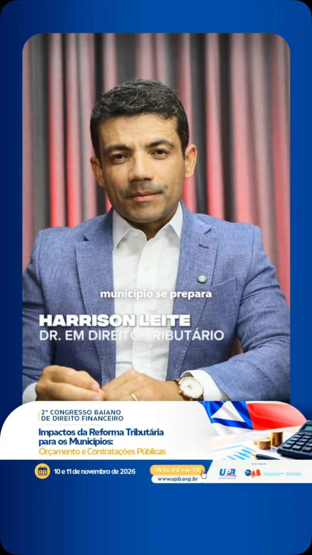 📢 A Reforma Tributária vai impactar o orçamento, a arrecadação e a gestão dos municípios. Seu município está preparado?

Nos dias 10 e 11 de novembro, a UPB e a OAB-BA, por meio das Comissões de Orçamento e Finanças, de Direito Municipal e de Direito Tributário, promovem o 2º Congresso Baiano de Direito Financeiro, em Salvador.

O encontro reunirá especialistas para debater os impactos da Reforma Tributária nas receitas municipais, no planejamento orçamentário, nas contratações públicas, nas licitações e na sustentabilidade fiscal.

É uma oportunidade para prefeitos, prefeitas, gestores públicos e profissionais da área se atualizarem, esclarecerem dúvidas e se prepararem para as mudanças que já estão no horizonte da administração pública.

🔗 Inscreva-se: www.upb.org.br
📅 10 e 11 de novembro de 2026
📍 Auditório da UPB – Centro Administrativo da Bahia, Salvador.

O futuro das finanças municipais começa com informação e planejamento. Participe!